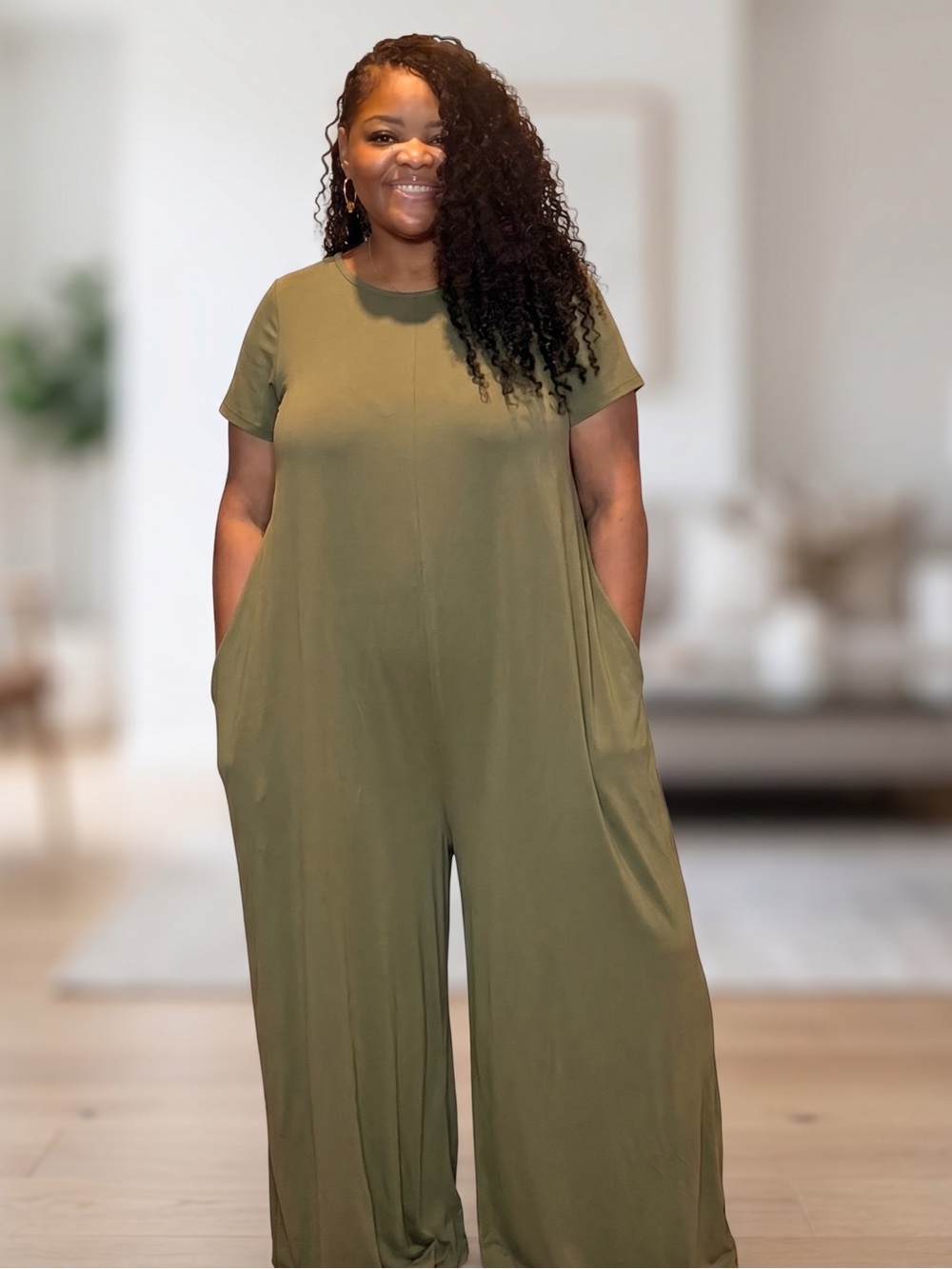 HALARA Olive Green Short-Sleeve Wide-Leg Jumpsuit with Pockets